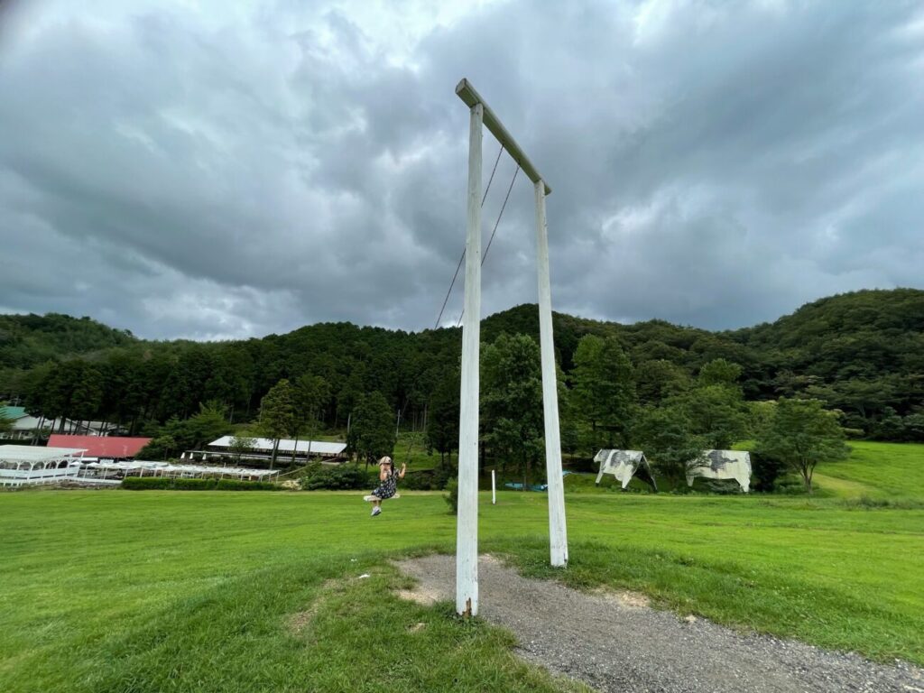 船方農場の巨大ブランコで遊ぶ子供