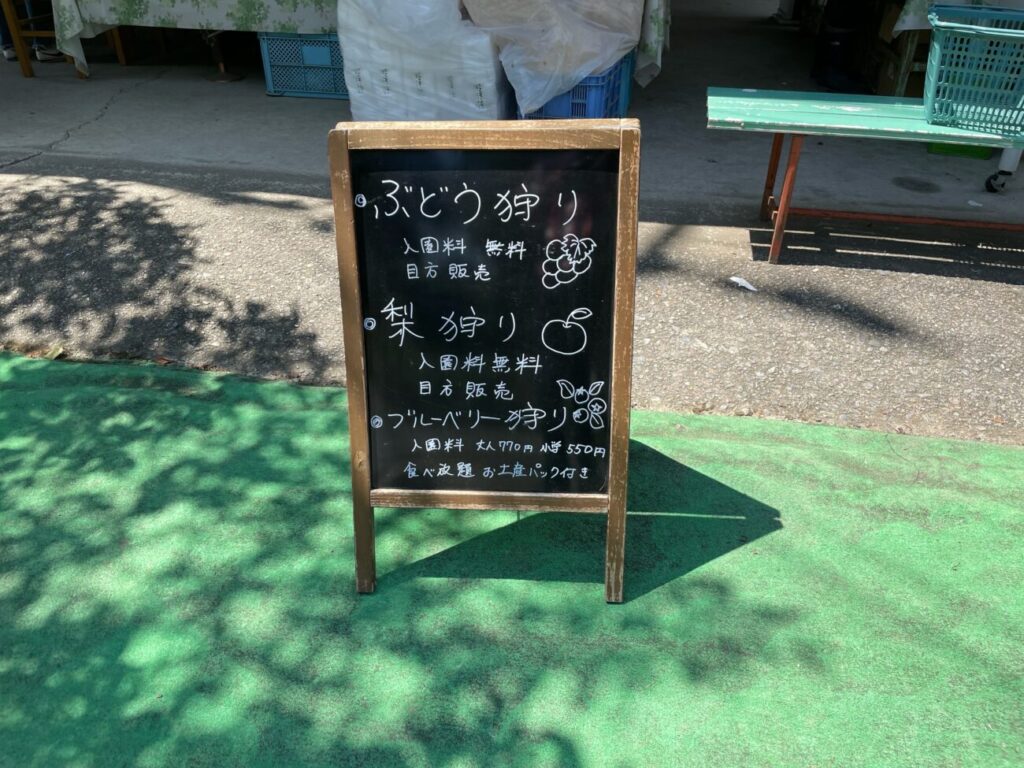 福田フルーツパークのブドウ狩り、梨狩り、ブルーベリー狩りの料金が書かれた看板