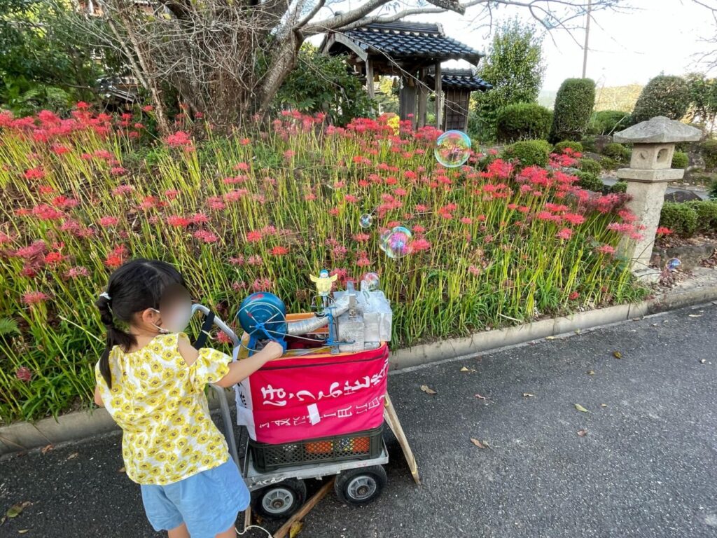 鰐鳴八幡宮のヒガンバナとシャボン玉作成機